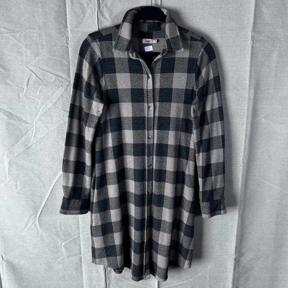 Faherty Grey Buffalo Plaid Knit Shirt Dress Long Sleeve Button Front‎ Womens S